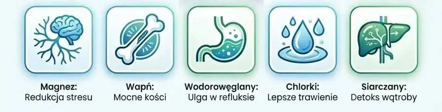 Infografika przedstawiająca lecznicze właściwości wody Krystynka - skład mineralny i wpływ na zdrowie